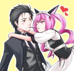  1girl animal_ears black_hair blush butler cat_ears facial_hair faris_nyannyan heart kirisaki_kairi long_hair maid_headdress necktie okabe_rintarou pink_eyes pocky short_hair steins;gate stubble twintails waitress wink yellow_eyes 