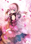  bare_shoulders blue_eyes bolero corset cropped_jacket detached_sleeves dress flower frills hair_ribbon hairband highres long_hair looking_at_viewer megurine_luka mikoto_(mio) orange_rose petals pink_dress pink_hair puffy_sleeves ribbon rose smile solo strapless_dress vocaloid wind 