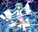  akashio_(loli_ace) arm_up armpits blue_eyes danmaku detached_sleeves frog gohei green_hair hair_tubes kochiya_sanae long_hair no_panties open_mouth shirt skirt smile snake solo touhou upskirt 