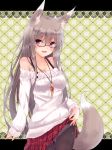  :d ahoge animal_ears bare_shoulders black_legwear blush breasts collarbone fox_ears fox_tail glasses grey_hair highres jewelry letterboxed long_hair long_sleeves necklace open_mouth original panties panties_under_pantyhose pantyhose payot pendant plaid plaid_skirt purple_eyes red-framed_glasses red_eyes second_heaven shiny shiny_clothes skirt skirt_lift sleeves_past_wrists smile solo strap sweater tail underwear unmoving_pattern 
