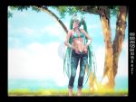  aqua_eyes aqua_hair belt bikini bikini_top blue_jeans breasts denim flat_chest grass green_hair hatsune_miku jeans long_hair looking_away nail_polish navel ocean open_fly solo swimsuit toned tree tree_shade twintails under_tree underboob undressing unzipped viewfinder vocaloid wokada wokada_(takouji) 