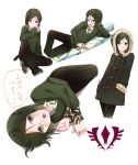  bad_id bangs black_eyes black_hair blush bob_cut book bound_arms bound_wrists character_sheet coat command_spell fate/stay_night fate/zero fate_(series) fur_trim green_hair hands_in_pockets lying male necktie on_side open_mouth parted_bangs tears waver_velvet white_background yuuki_rika 