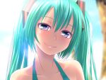  aqua_eyes aqua_hair bare_shoulders blurry collarbone depth_of_field face green_hair halterneck hatsune_miku head_tilt lips long_hair looking_at_viewer portrait pov pov_eye_contact seductive_smile smile solo twintails vocaloid wallpaper wokada wokada_(takouji) 