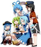  &gt;_&lt; bandage bandages beret black_hair blue_dress blue_eyes blue_hair boots bow bowl child cirno daiyousei dress drooling eating fang finger_to_mouth food fruit gochou_(comedia80) green_eyes green_hair hair_bow hair_ribbon hair_rings hair_stick hand_on_own_cheek hand_on_own_face hat hinanawi_tenshi holding_spoon ice ice_wings kaku_seiga lace long_hair long_sleeves miyako_yoshika multiple_girls ofuda open_mouth peach ribbon scarf shawl short_hair side_ponytail simple_background sitting skirt smile soup spoon squatting star stew touhou tree_stump vest white_background white_legwear wings 