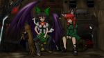  animal_ears arm_cannon black_hair black_wings bloodycat bow braid cape cat_ears cat_tail hair_bow highres kaenbyou_rin long_hair multiple_girls multiple_tails red_eyes red_hair redhead reiuji_utsuho ribbon skirt smile tail touhou twin_braids weapon wings 