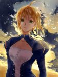  1boy ahoge blonde_hair cleavage_cutout cloud dress fate/stay_night fate_(series) feesh green_eyes hair_ribbon puffy_sleeves ribbon saber sky solo sunset 