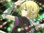  arm_up arm_warmers bad_id blonde_hair bust danmaku flower green_eyes mizuhashi_parsee pointy_ears profile scarf short_hair solo spell_card touhou ume_(plumblossom) 