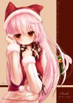  animal_ears bell cat_ears cat_tail english hand_on_own_face hat highres long_hair original pink_hair pom_pom_(clothes) pom_pom_(clothing) red_eyes ribbon scarf shia_(syroh) shia_flatpaddy solo sweater syroh tail tail_bell tail_ribbon 