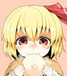  ascot blonde_hair blush eating fang food hair_ribbon hecchi_(blanch) mouth_hold nikuman red_eyes ribbon rumia short_hair smile solo steam the_embodiment_of_scarlet_devil touhou youkai 