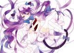  animal_ears ankle_ribbon bare_shoulders bloomers book bow cat_ears cat_tail detached_sleeves hair_bow hat kemonomimi_mode long_hair looking_at_viewer lying no_shoes on_back patchouli_knowledge puffy_sleeves purple_eyes purple_hair shimakoma solo tail tail_bow thigh-highs thighhighs touhou very_long_hair violet_eyes white_legwear zettai_ryouiki 