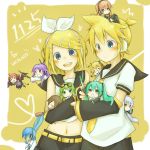  6+girls :&lt; =_= akita_neru blonde_hair blue_eyes blush blush_stickers border chibi detached_sleeves goggles goggles_on_head gumi hair_ornament hair_ribbon hairclip hatsune_miku headphones heart hug kadokoa kagamine_len kagamine_rin kaito kamui_gakupo kasane_teto katana long_hair looking_at_viewer megurine_luka meiko midriff miniboy minigirl multiple_boys multiple_girls navel open_mouth peeking_out ribbon sailor scarf short_hair shy smile spring_onion sword twintails utau vocaloid weapon wings yowane_haku 