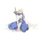  ahoge blonde_hair blue_eyes dress excalibur fate/stay_night fate/zero fate_(series) saber solo sword veil weapon yone_(kaguudou) 