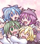  4girls ahoge antennae blonde_hair blue_eyes blue_hair bow cherry_blossoms cirno closed_eyes fang floral_background green_eyes green_hair group_hug hair_bow hair_ribbon hat hug incipient_hug long_sleeves multiple_girls mystia_lorelei open_mouth outstretched_arms purple_hair ribbon rumia short_hair spread_arms takanoru team_9 touhou violet_eyes wings wriggle_nightbug 