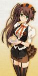  apron blush brown_hair carnelian coffee cup garter_straps glasses green_eyes headdress long_hair original personification ribbon side_ponytail smile solo thigh-highs thighhighs tully's_coffee vertical-striped_legwear vertical_stripes zettai_ryouiki 