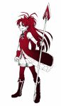  bow gradient grin hair_bow long_hair magical_girl mahou_shoujo_madoka_magica monochrome polearm ponytail red red_eyes red_hair redhead sakura_kyouko smile solo spear thigh-highs thighhighs torinone weapon 