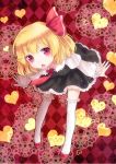  argyle argyle_background bent_over blonde_hair bow dress fang hair_bow heart leaning_forward necktie nunucco red_eyes rumia short_hair slit_pupils solo the_embodiment_of_scarlet_devil thigh-highs thighhighs touhou white_legwear youkai 