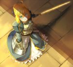  1girl ahoge aqua_eyes armor armored_dress bad_id blonde_hair dress excalibur fate/stay_night fate_(series) faulds from_above gauntlets glowing glowing_sword glowing_weapon hair_ribbon perspective pietani397 ribbon saber shadow solo sword weapon 