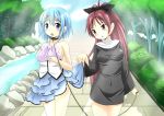  2girls blue_eyes blue_hair collar femsub leash long_hair mahou_shoujo_madoka_magica miki_sayaka multiple_girls nun pet_play ponytail red_hair redhead sakura_kyouko short_hair sicile_gloria skirt_lift slave voyeurism yuri 