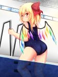  1girl alternate_costume ass blonde_hair blush flandre_scarlet hair_ribbon highres looking_at_viewer looking_over_shoulder plump pool red_eyes rena_(riries) ribbon school_swimsuit short_hair simple_background smile solo swimsuit touhou wet white_background wings 