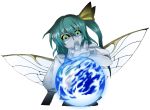 bow cloud daiyousei earth green_hair hair_bow hair_ornament insect_wings long_hair mazeran multicolored_eyes solo sphere touhou transparent_background wings 