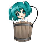  asahana_jun bucket chibi girl_in_bucket green_eyes green_hair hair_bobbles hair_ornament head_tilt in_bucket in_container kisume looking_at_viewer open_mouth short_hair simple_background smile solo touhou twintails 