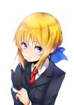  adjusting_gloves blonde_hair blue_eyes fate/stay_night fate/zero fate_(series) formal from_above gloves hair_ribbon necktie nuko-d pant_suit ribbon saber single_glove smile solo suit 