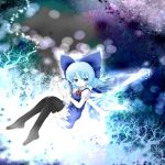  blue_eyes blue_hair bow cirno cocozasa dress hair_bow harp highres ice ice_wings instrument ribbon short_hair solo thigh-highs thighhighs touhou wings 
