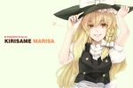  blonde_hair bow braid character_name hat holding holding_hat kirisame_marisa libert simple_background smile solo touhou witch witch_hat yellow_eyes 