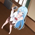  antenna_hair barefoot blue_eyes blue_hair blush body_blush collarbone denpa_onna_to_seishun_otoko foreshortening from_above highres indoors john_shiden long_hair off_shoulder playstation_portable school_uniform smile solo sparkle touwa_erio very_long_hair 