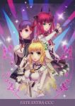  3girls bb_(fate/extra_ccc) blonde_hair blue_eyes bodysuit breasts dress fate/extra fate/extra_ccc fate/stay_night fate_(series) gloves green_eyes highres horns large_breasts lock long_hair multiple_girls mysterious_black_magus_(ccc) padlock pink_hair pointy_ears purple_eyes purple_hair qin saber_bride saber_extra strange_tail_girl two_side_up veil violet_eyes 