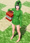  bare_legs barefoot black_hair blue_eyes creeparka creeper face feet highres hood hooded_jacket light_smile lips looking_at_viewer magenta_color minecraft personification pixels shadow short_hair solo standing tnt 
