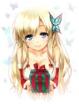  bare_shoulders blonde_hair blue_eyes boku_wa_tomodachi_ga_sukunai breasts butterfly butterfly_hair_ornament christmas cleavage detached_sleeves dress gift hair_ornament holding holding_gift kashiwazaki_sena large_breasts long_hair nfr smile solo 
