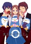 2boys apple bird blazer blue_hair brown_hair food fruit green_eyes hand_kiss kiss long_skirt mawaru_penguindrum multiple_boys penguin penguin_1-gou penguin_2-gou penguin_3-gou purple_eyes school_uniform short_hair skirt takakura_himari takakura_kanba takakura_shouma title_drop violet_eyes xxvsxx