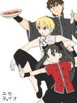  1girl 2boys blonde_hair blue_eyes brown_eyes brown_hair child chinese_clothes fate/stay_night fate/zero fate_(series) fighting_stance gilgamesh hair_ribbon jinpachi_(jinpachi-pachi) kotomine_kirei long_hair mapo_doufu multiple_boys red_eyes ribbon short_hair spoon tohsaka_rin toosaka_rin twintails young 