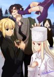  4girls absurdres age_difference ahoge bad_id blurry ch3507 chopsticks dated emiya_kiritsugu family fate/stay_night fate/zero fate_(series) father_and_daughter food food_on_face formal fur_hat hat highres hisau_maiya illyasviel_von_einzbern irisviel_von_einzbern kicking long_hair mother_and_daughter multiple_girls pant_suit ponytail red_eyes rice_bowl saber snow suit white_hair 