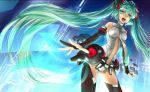  breasts bridal_gauntlets center_opening green_eyes green_hair hatsune_miku hatsune_miku_(append) kingchenxi long_hair miku_append open_mouth skirt solo thigh-highs thighhighs twintails very_long_hair vocaloid vocaloid_append 