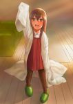  age_regression blue_eyes brown_hair child inuzuka_bouru labcoat lolicon long_hair makise_kurisu open_mouth oversized_clothes pantyhose sleeves_past_wrist sleeves_past_wrists slippers smile solo steins;gate young 