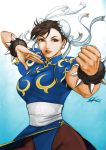  brown_eyes brown_hair bun_cover canadian_bacon capcom china_dress chinese_clothes chun-li double_bun earrings fighting_stance highres jewelry lipstick lixin_wang pantyhose spiked_bracelet spikes street_fighter 