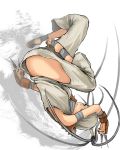  akira0171 ankle_wraps bad_anatomy bad_feet bad_hands bandage bandages barefoot capcom dirty_feet error feet gauntlets gloves hakama highres ibuki japanese_clothes jumping kunai ninja no_panties street_fighter upside-down weapon wrist_wraps wrong_hand 