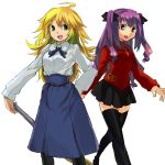  2girls ahoge artoria_pendragon_(all) artoria_pendragon_(all)_(cosplay) black_legwear blonde_hair brown_hair character_request cosplay crossover dress fate/stay_night fate_(series) hair_ribbon hoshii_miki idolmaster joriosuta long_hair multiple_girls purple_hair ribbon saber saber_(cosplay) thigh-highs thighhighs tohsaka_rin tohsaka_rin_(cosplay) toosaka_rin toosaka_rin_(cosplay) turtleneck twintails two_side_up zettai_ryouiki 