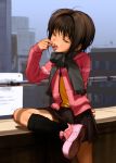  1girl arm_support black_legwear brown_eyes brown_hair candy highres jacket leg_up original pleated_skirt rustle scarf shoes skirt sneakers solo tongue 