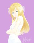  blonde_hair blue_eyes bow character_request copyright_request dress grin hair_bow halterneck lipstick long_hair makeup saty-rokuji smile white_dress 