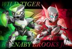  2boys barnaby_brooks_jr chibi kaburagi_t_kotetsu memento_vivi multiple_boys posing power_armor power_suit superhero tiger_&amp;_bunny title_drop wild_tiger 