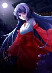  building detached_sleeves full_moon glowing glowing_eyes hanyuu higurashi_no_naku_koro_ni hiragi_rin horns japanese_clothes long_hair miko moon night purple_eyes purple_hair solo standing violet_eyes 