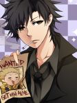  1boy =_= artist_request black_hair blonde_hair brown_eyes checkered checkered_background cigarette double_v emiya_kiritsugu english facial_hair fate/stay_night fate/zero fate_(series) gilgamesh necktie poster solo sparkle stubble v wanted_poster 