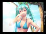  aqua_hair armpits bikini bikini_top blush breasts bust closed_eyes eyes_closed green_hair grin hatsune_miku lens_flare long_hair nail_polish sideboob smile solo swimsuit twintails underboob very_long_hair viewfinder vocaloid wokada wokada_(takouji) 