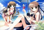  :d bare_shoulders beach bikini black_bikini blue_sky braid breasts brown_eyes brown_hair cleavage collarbone flower frilled_bikini frills front-tie_top green_eyes hair_flower hair_ornament highres kanbe_kotori leaning_forward leg_up long_hair looking_at_viewer lounge_chair multiple_girls open_mouth parasol polka_dot polka_dot_bikini polka_dot_swimsuit reclining rewrite sarong senri_akane sky smile swimsuit umbrella water yukie_(peach_candy) 