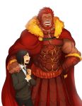  armor beard black_hair cape facial_hair fate/stay_night fate/zero fate_(series) hand_on_shoulder laughing male multiple_boys necktie red_hair redhead rider_(fate/zero) short_hair size_difference spzhsla waver_velvet 