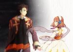  1girl alvin_(tales_of_xillia) ayatsuji_mia black_&amp;_white black_vs_white brown_eyes brown_hair coat cravat green_eyes hairband hand_holding holding_hands leia_roland serious short_hair tales_of_(series) tales_of_xillia 