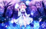  breasts cherry_blossoms floating fromage_tart full_moon furomaaju_(fromage) ghost hat highres hitodama japanese_clothes moon night petals pink_eyes pink_hair saigyouji_yuyuko short_hair smile solo touhou tree triangular_headpiece 